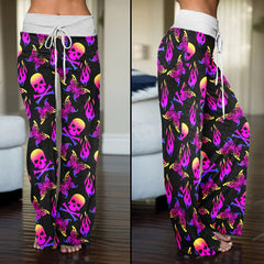 Purple Skull Butterfly Women's High-waisted Wide Leg Pants | Wonder Skull