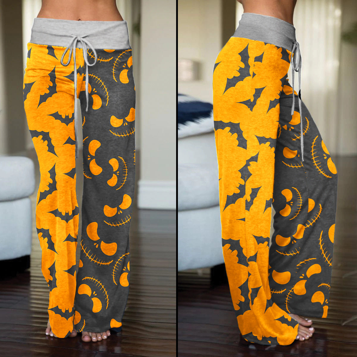 Orange Grey Halloween Skull Nightmare Women's High-waisted Wide Leg Pants | Wonder Skull