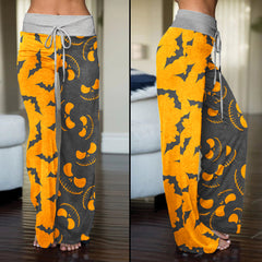 Orange Grey Halloween Skull Nightmare Women's High-waisted Wide Leg Pants | Wonder Skull