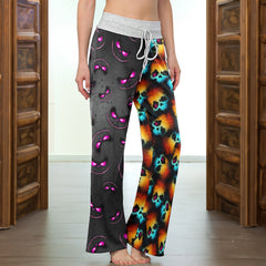 Neon Psychedelic Grin Pattern Women's High-waisted Wide Leg Pants
