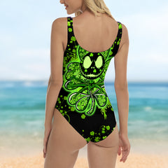 One Piece Bikini Neon Shamrock Skull Pattern Print Swimwear