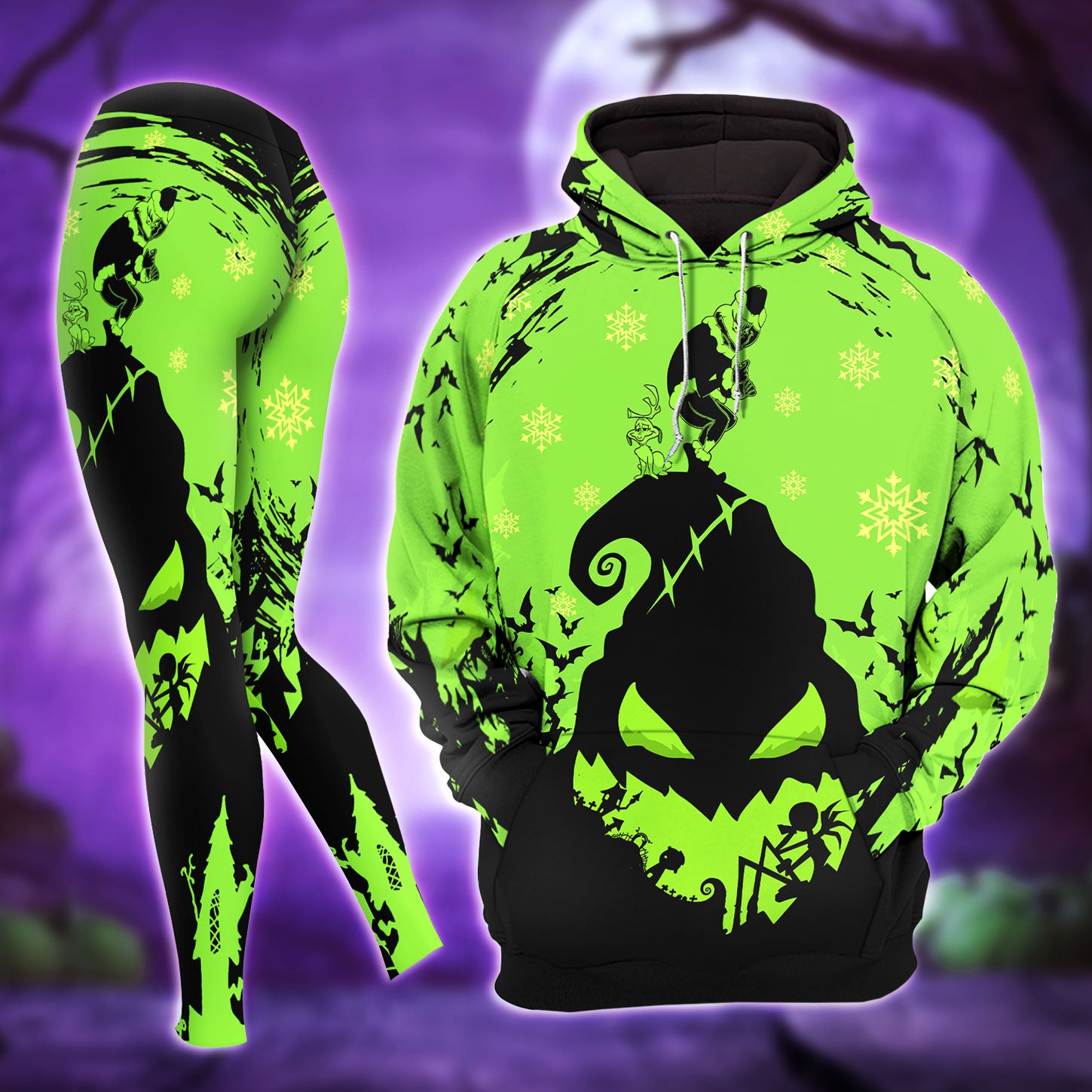 Green Black Christmas Theme Combo Hoodie and Leggings - Dark and edgy matching set with skull designs for a unique and stylish look.