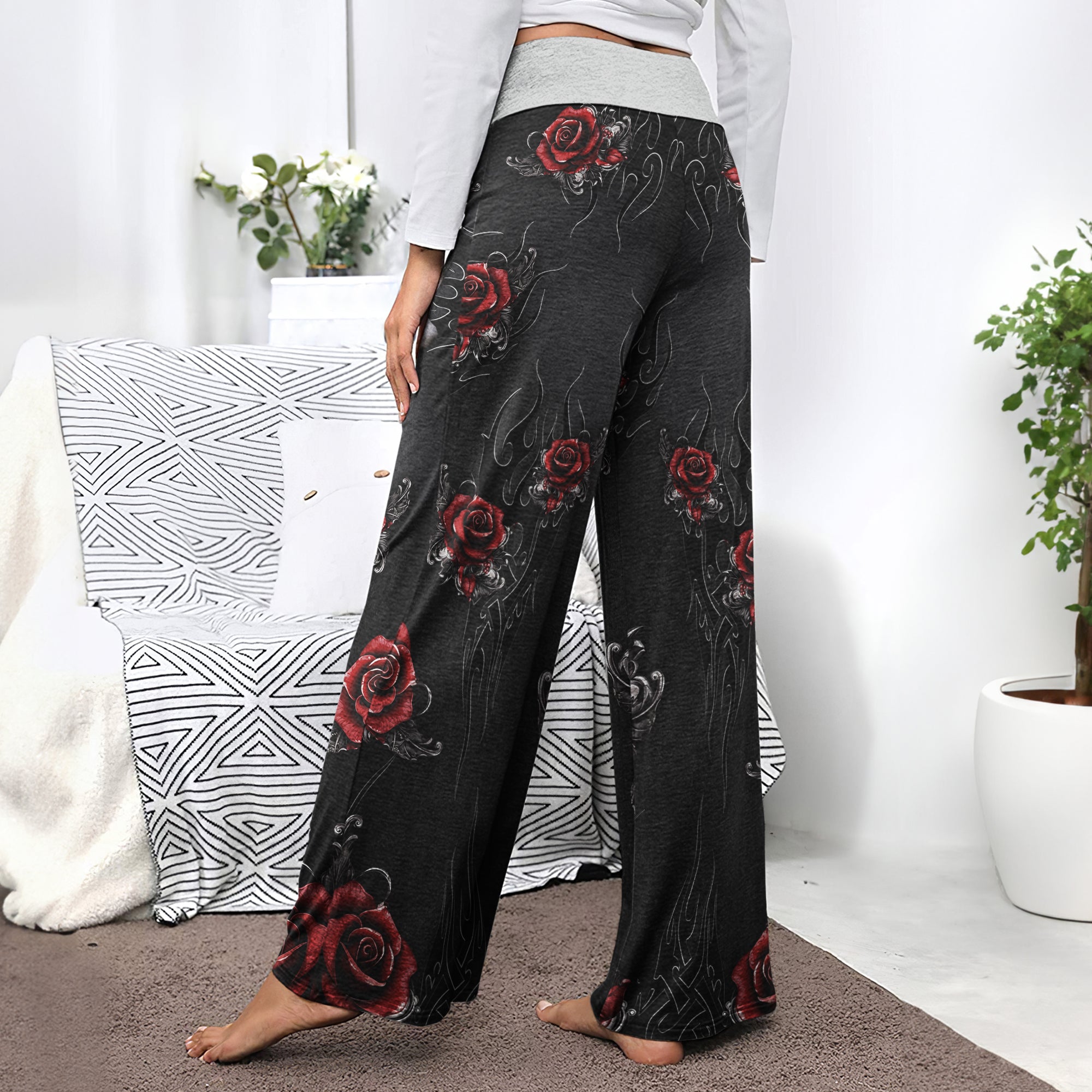 Skull Rose Dark Gothic Women's High-waisted Wide Leg Pants | Wonder Skull