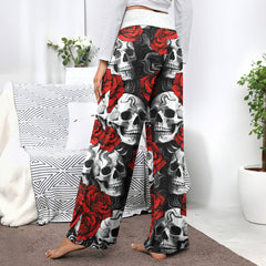 Red Rose Skull Pattern Women's High-waisted Wide Leg Pants