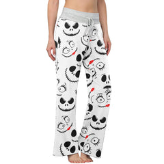White Pajama Pants Print Drawstring Palazzo Lounge Pants Wide Leg