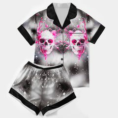 Pink Skull Melting Women's Pajama Sets Top Sleeve & Short Bottom