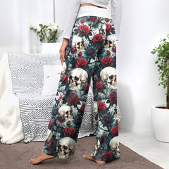 Rose Skull Pattern Thorns Women's High-waisted Wide Leg Pants