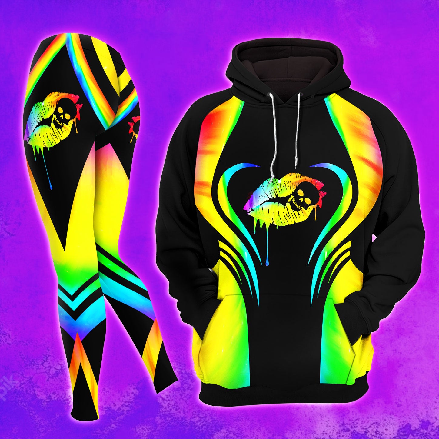 Rainbow Skull Lip Sexy Combo Hoodie and Leggings - Dark and edgy matching set with skull designs for a unique and stylish look.