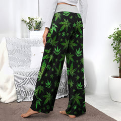 Green Skull Leaf Pattern Women's High-waisted Wide Leg Pants