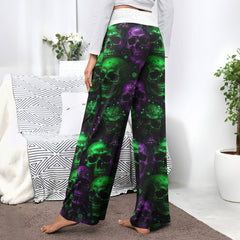 Violet Green Skull Pattern Women's High-waisted Wide Leg Pants