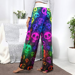 Neon Sugar Skulls Pattern Women's High-waisted Wide Leg Pants