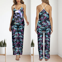 Purple Skull Floral Cami Pajamas Sets For Women Sleepwears Combo - Wonder Skull