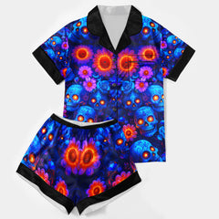 Blue Skull Flower Women's Pajama Sets Top Sleeve & Short Bottom