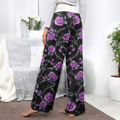 Purple Couple Skull Rose Women's High-waisted Wide Leg Pants