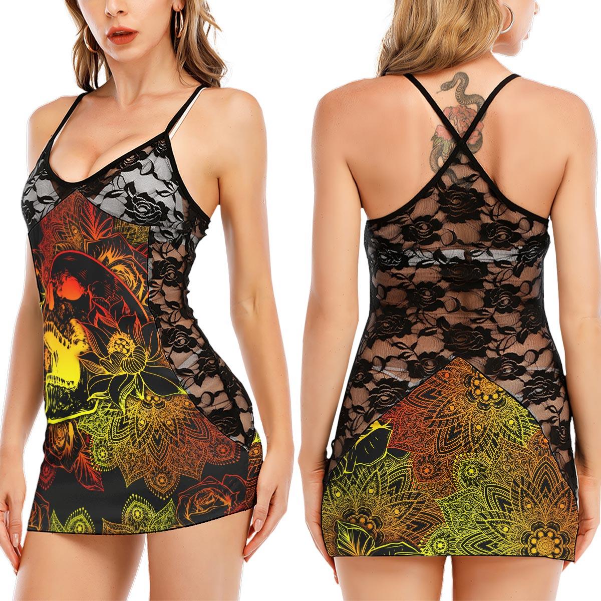 Orange Mandala Gothic Skull Black Lace Sleepwears Babydol Dresses - Wonder Skull