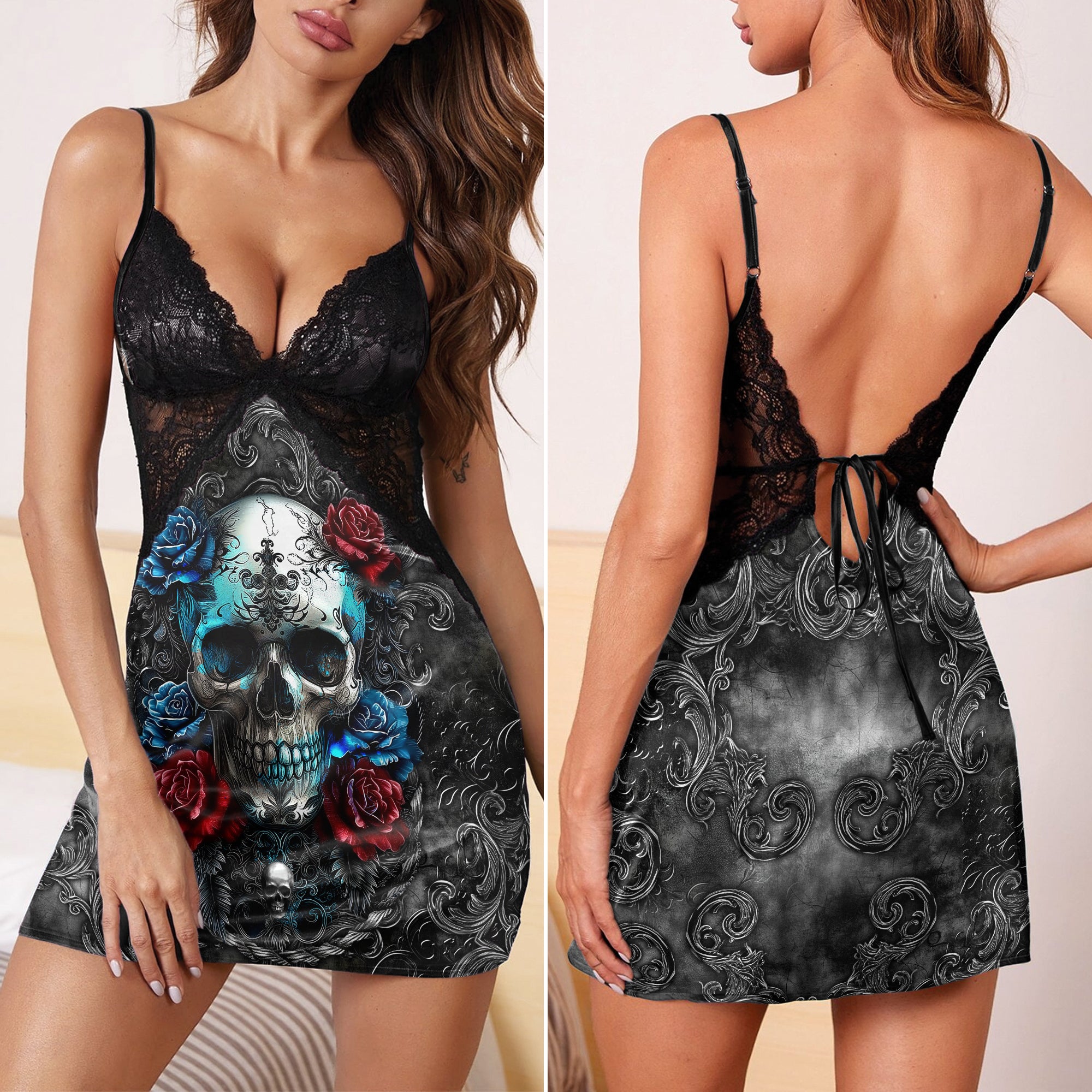 Watercolor Skull Rose Floral Gothic & Punkrock Women's Sleepwear | Lace Cami Dress Nightgowns