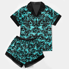 Cyan Skull Pattern Women's Pajama Sets Top Sleeve & Short Bottom