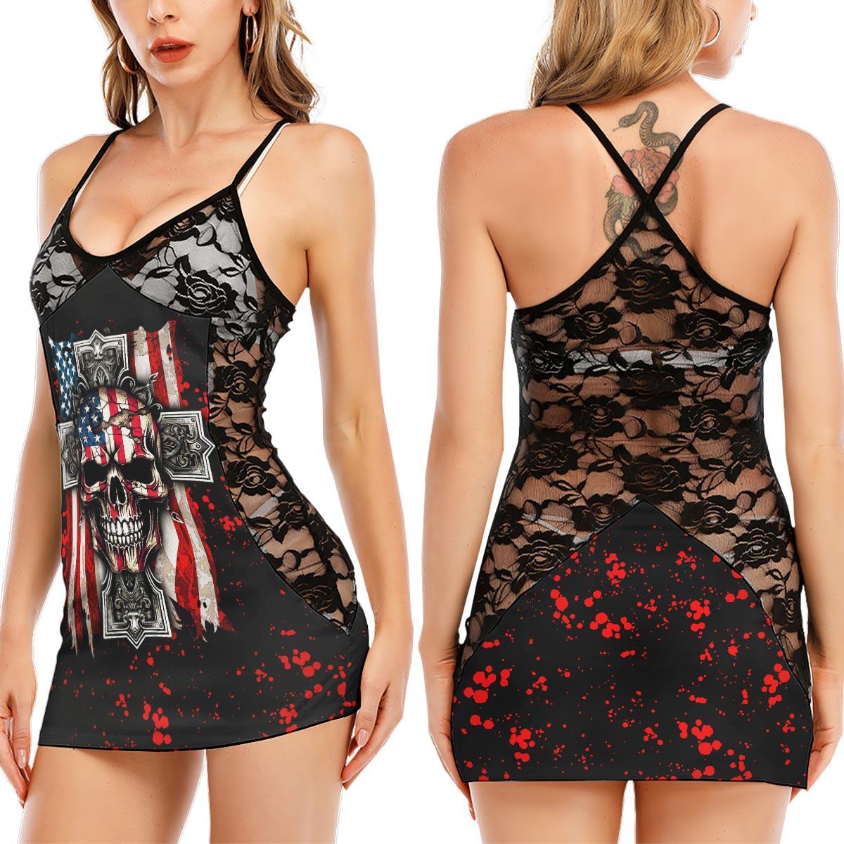 Flag Blood Gothic Skull Black Lace Sleepwears Babydol Dresses - Wonder Skull