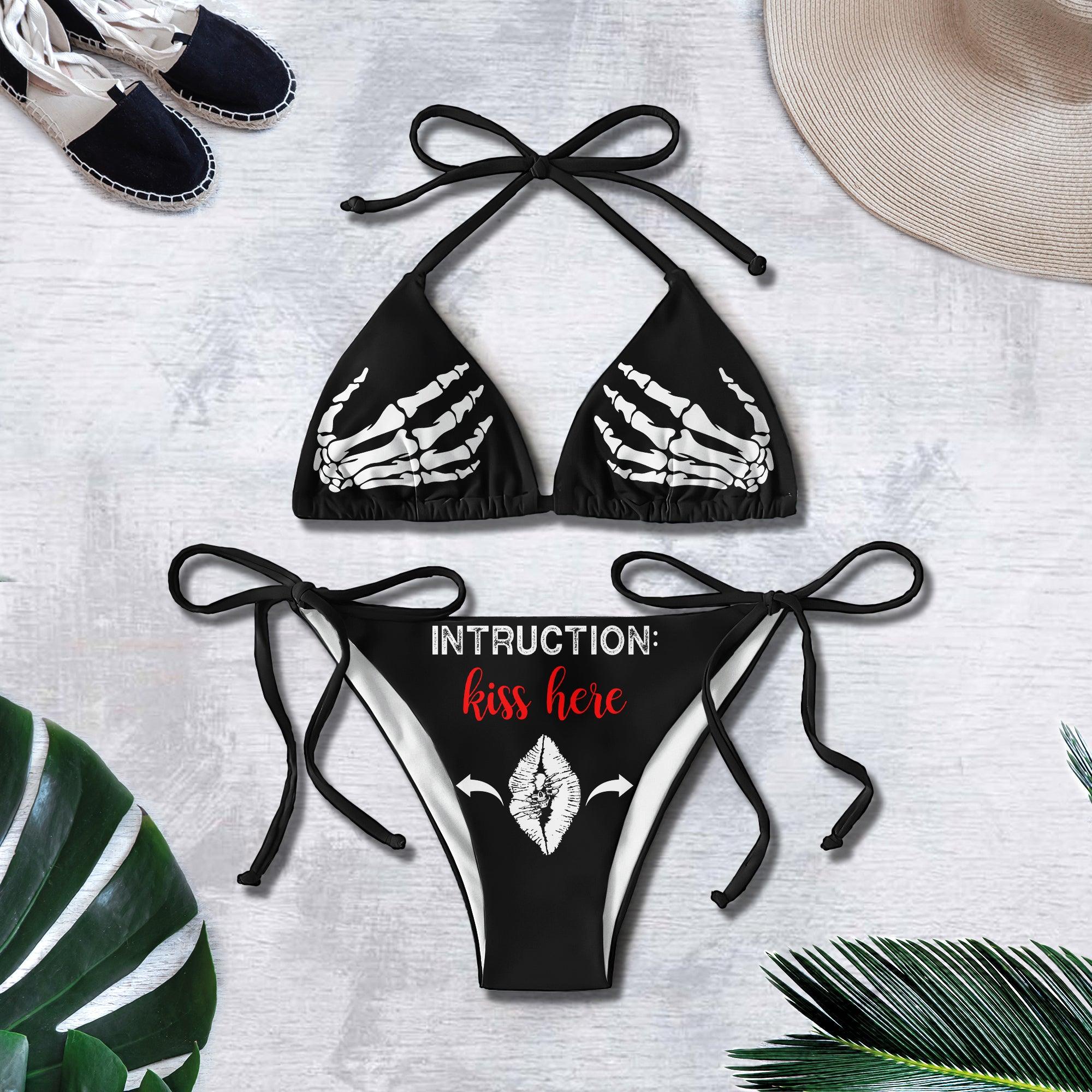 Kiss Here Skull Funny Micro Triangle Bikini Swimsuit - Wonder Skull