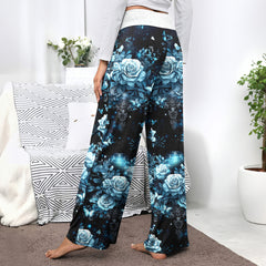 Cyan Galaxy Skull Rose Women's High-waisted Wide Leg Pants