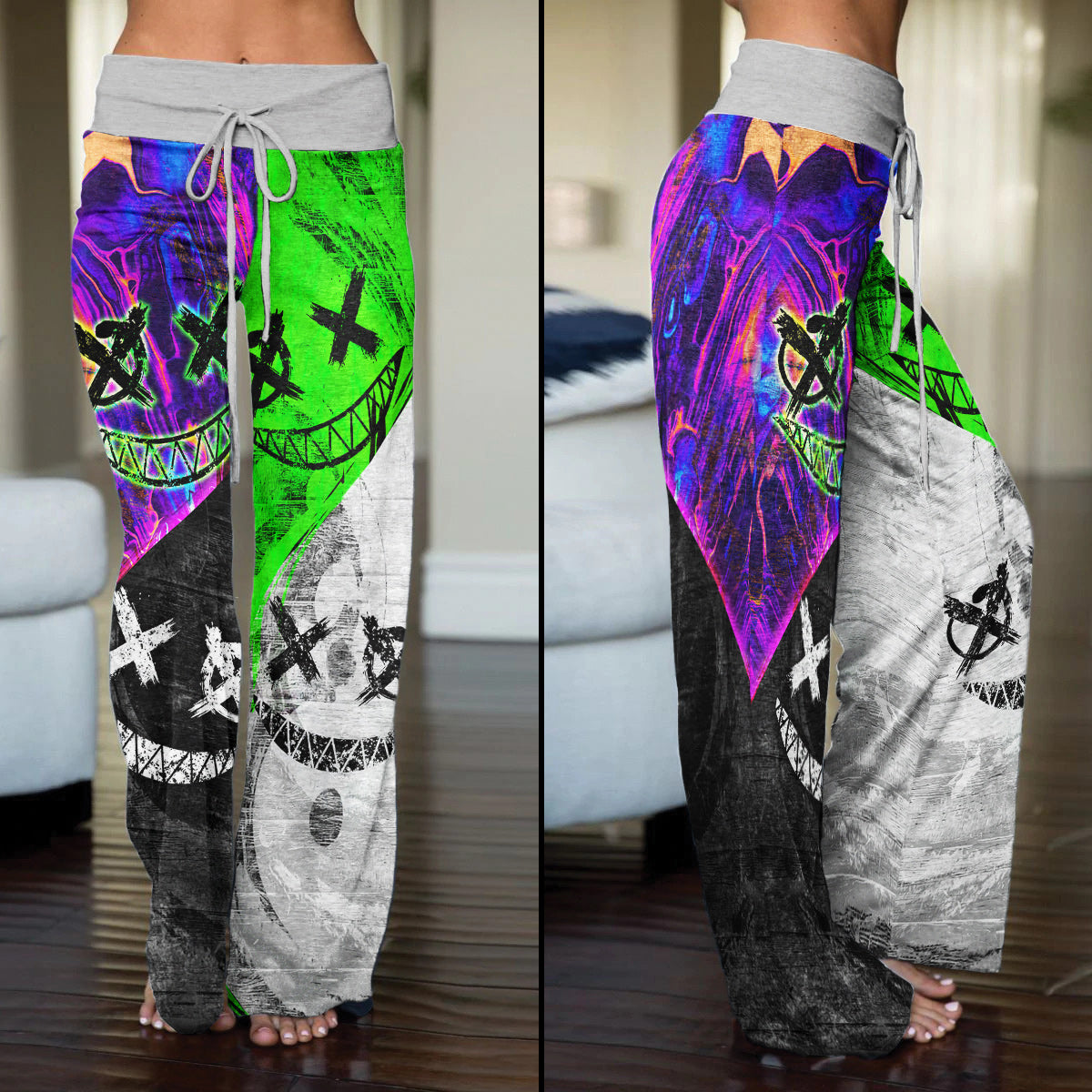 Two Block Color Emo Women's High-waisted Wide Leg Pants | Wonder Skull