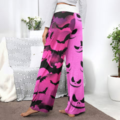 Pink Bat Skull Pattern Women's High-waisted Wide Leg Pants
