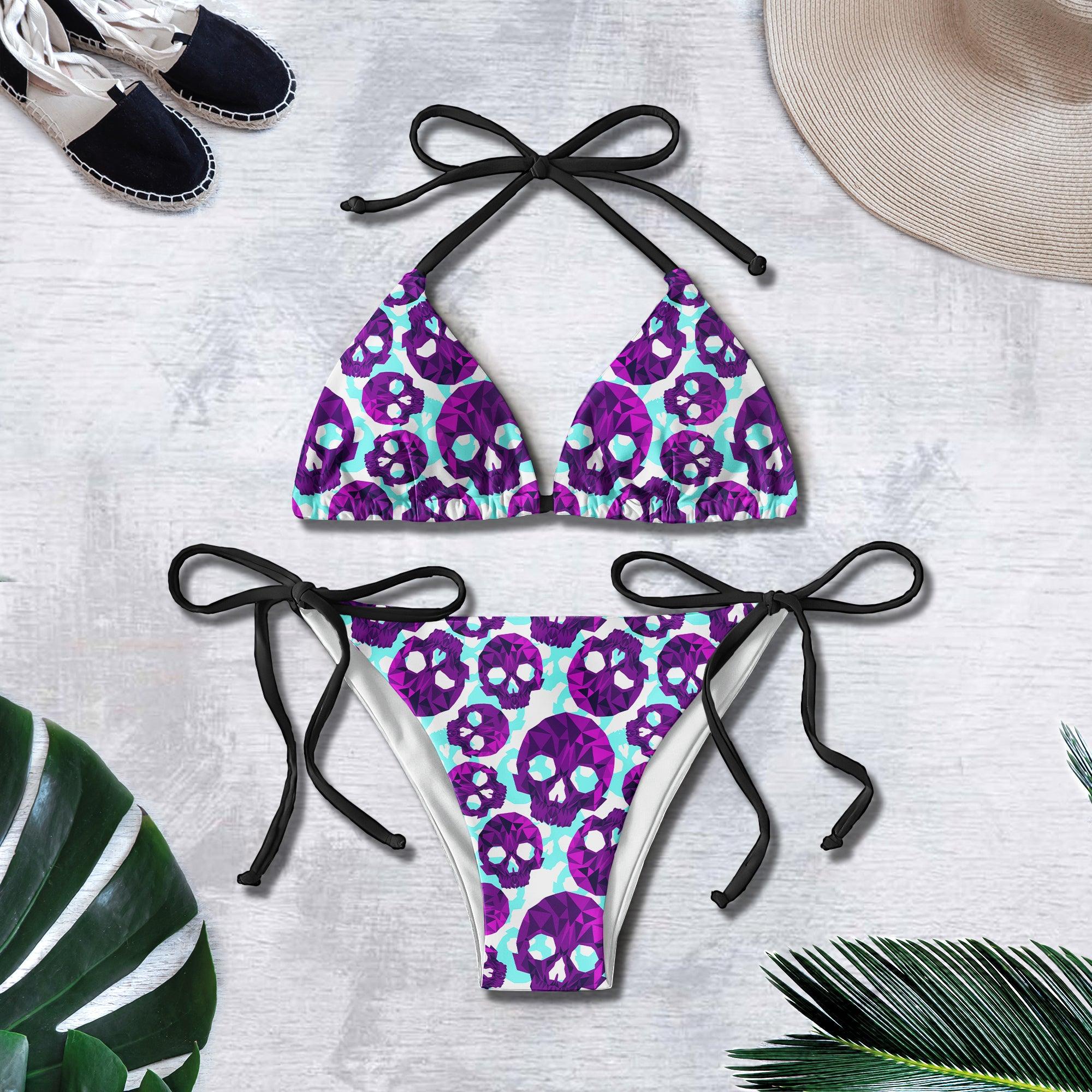 Pastel Violet Blue Skull Pattern Micro Triangle Bikini Swimsuit - Wonder Skull