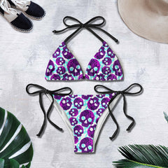 Pastel Violet Blue Skull Pattern Micro Triangle Bikini Swimsuit - Wonder Skull