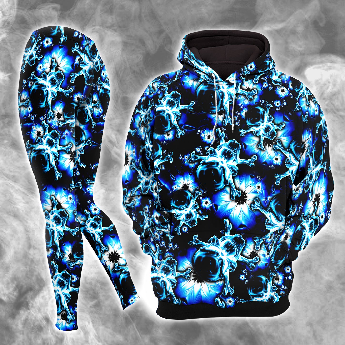 Dark Blue Skull Floral Combo Hoodie and Leggings - Dark and edgy matching set with skull designs for a unique and stylish look.