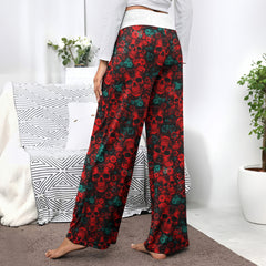 Red Seamless Skull Flower Women's High-waisted Wide Leg Pants