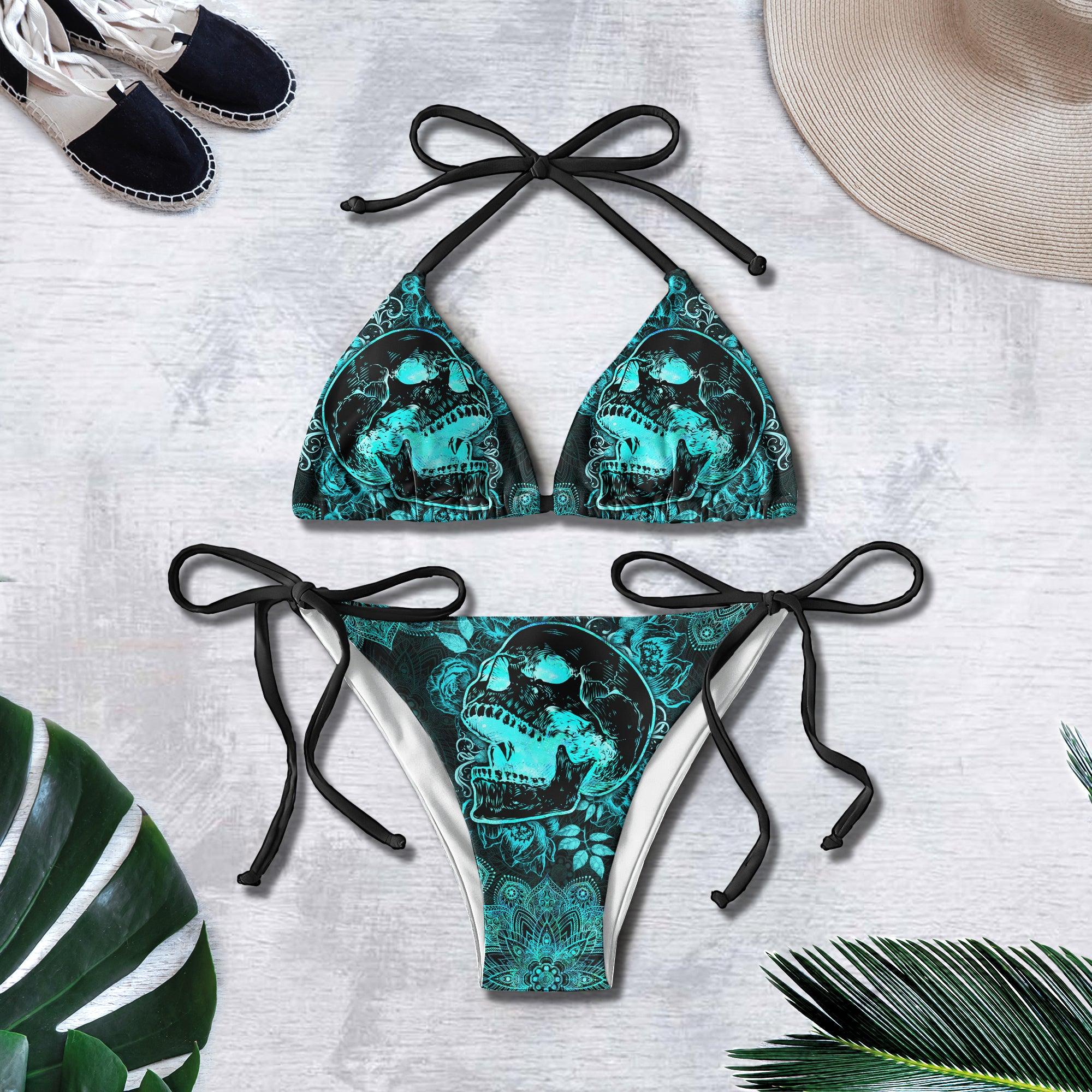 Cyan Skull Gothic Mandala Micro Triangle Bikini Swimsuit - Wonder Skull