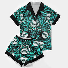 Cyan Skull Floral Women's Pajama Sets Top Sleeve & Short Bottom