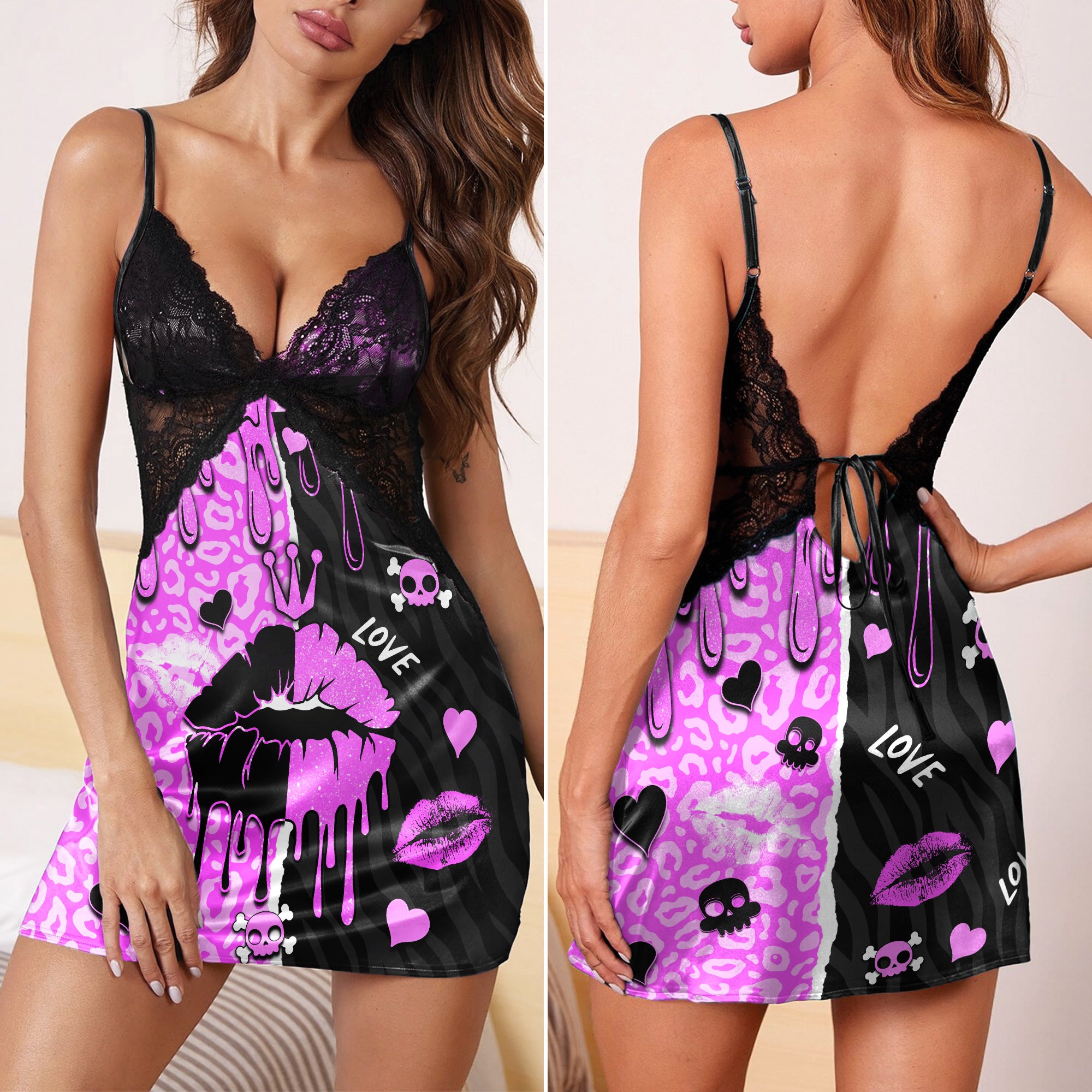 Black Pink Love Lip Melting & Punkrock Women's Sleepwear | Lace Cami Dress Nightgowns