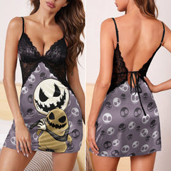 Nightmare Doll Pattern Women's Back Lace Babydolls Nightgowns