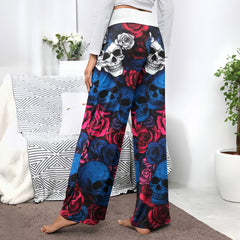 Rebel Rose Skull Pattern Women's High-waisted Wide Leg Pants