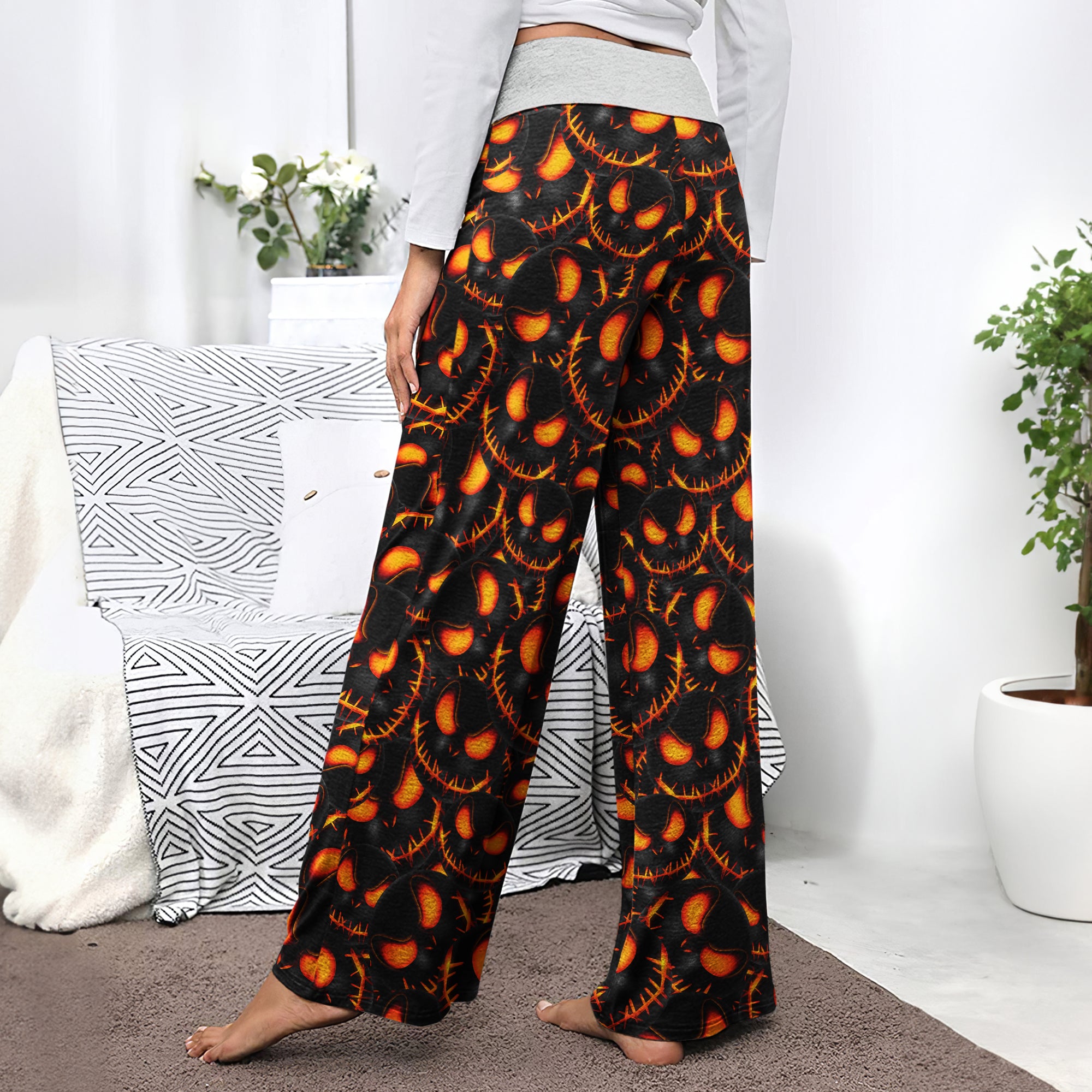 Orange Scary Face Pattern Women's High-waisted Wide Leg Pants | Wonder Skull
