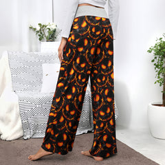 Orange Scary Face Pattern Women's High-waisted Wide Leg Pants | Wonder Skull