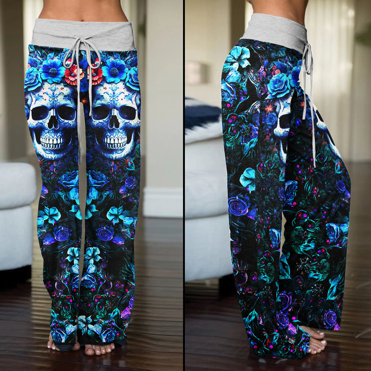 Dark Blue Skull Rose Gothic Women's High-waisted Wide Leg Pants | Wonder Skull