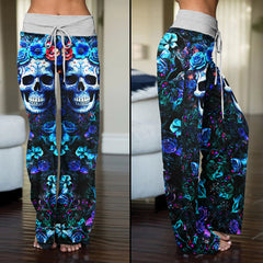 Dark Blue Skull Rose Gothic Women's High-waisted Wide Leg Pants | Wonder Skull