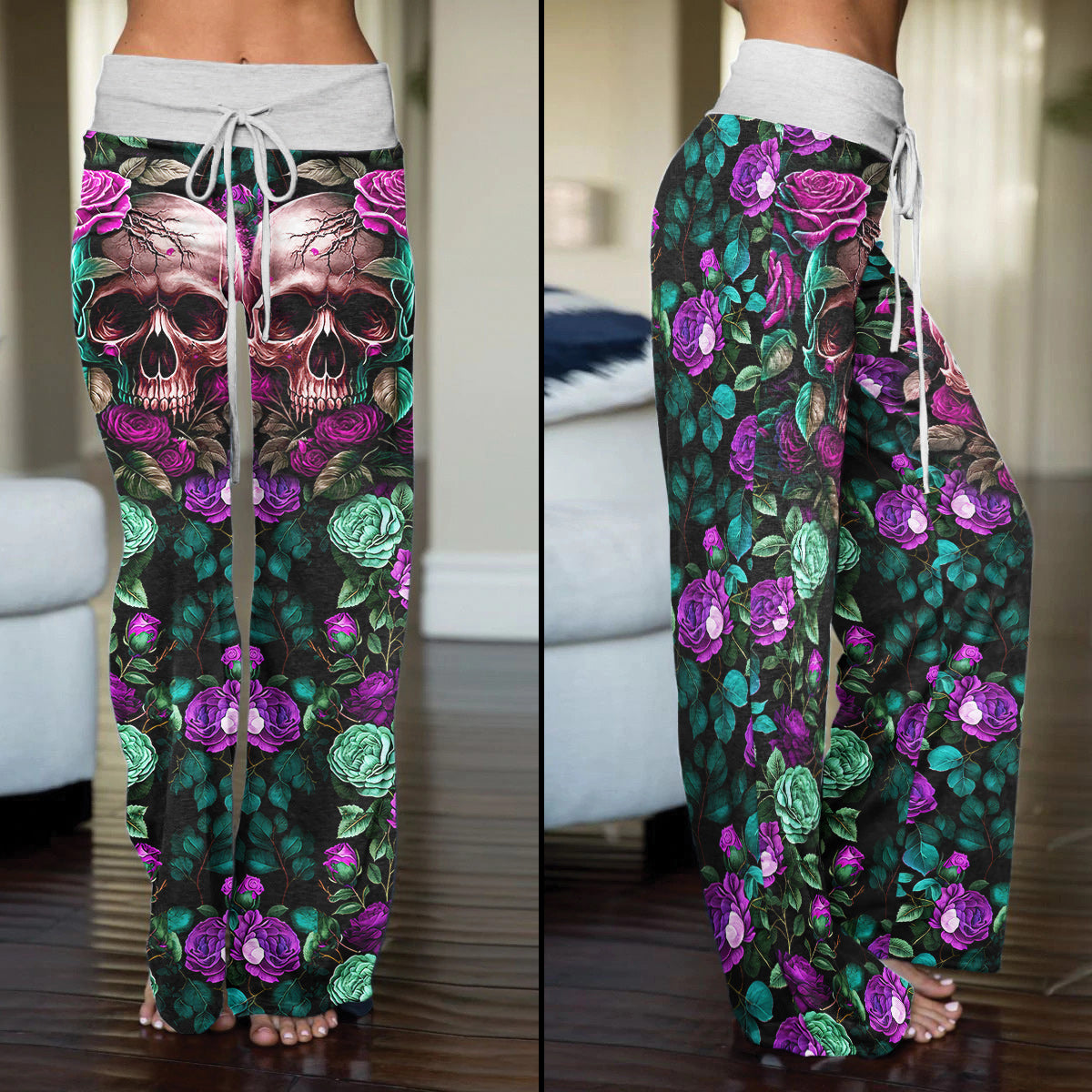 Purple Skull Flower Women's High-waisted Wide Leg Pants | Wonder Skull