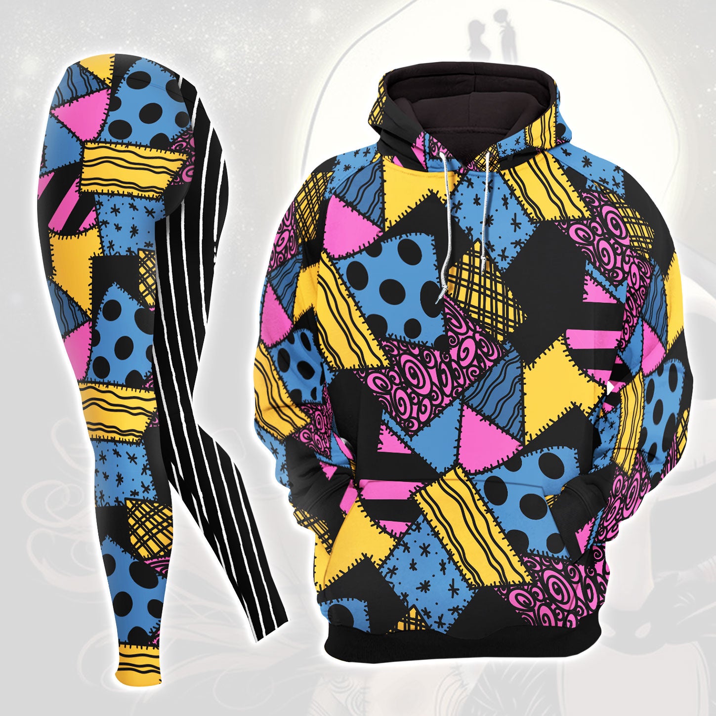 Pattern Nightmare Theme Combo Hoodie and Leggings - Dark and edgy matching set with skull designs for a unique and stylish look.