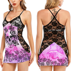 Pink Gothic Rose Skull Black Lace Sleepwears Babydol Dresses - Wonder Skull