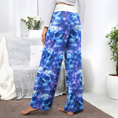 Blue Skull Orchid Pattern Women's High-waisted Wide Leg Pants