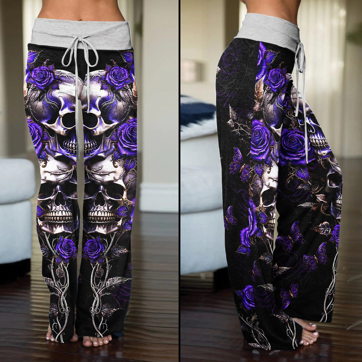 Violet Skull Flower Gothic Women's High-waisted Wide Leg Pants | Wonder Skull
