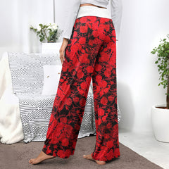 Red Neon Skull Rose Women's High-waisted Wide Leg Pants