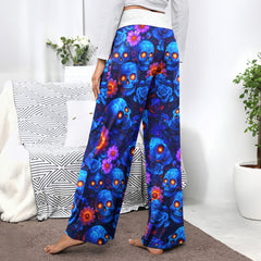 Blue Skull Pattern Women's High-waisted Wide Leg Pants
