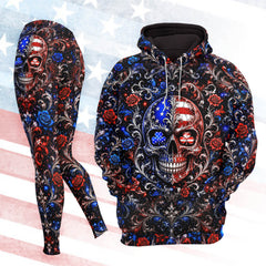 Women Hoodie and Leggings, Patriotic Damask Skull Outwear Pants Outfit