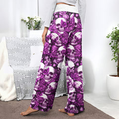 Purple Skull Rose Pattern Women's High-waisted Wide Leg Pants