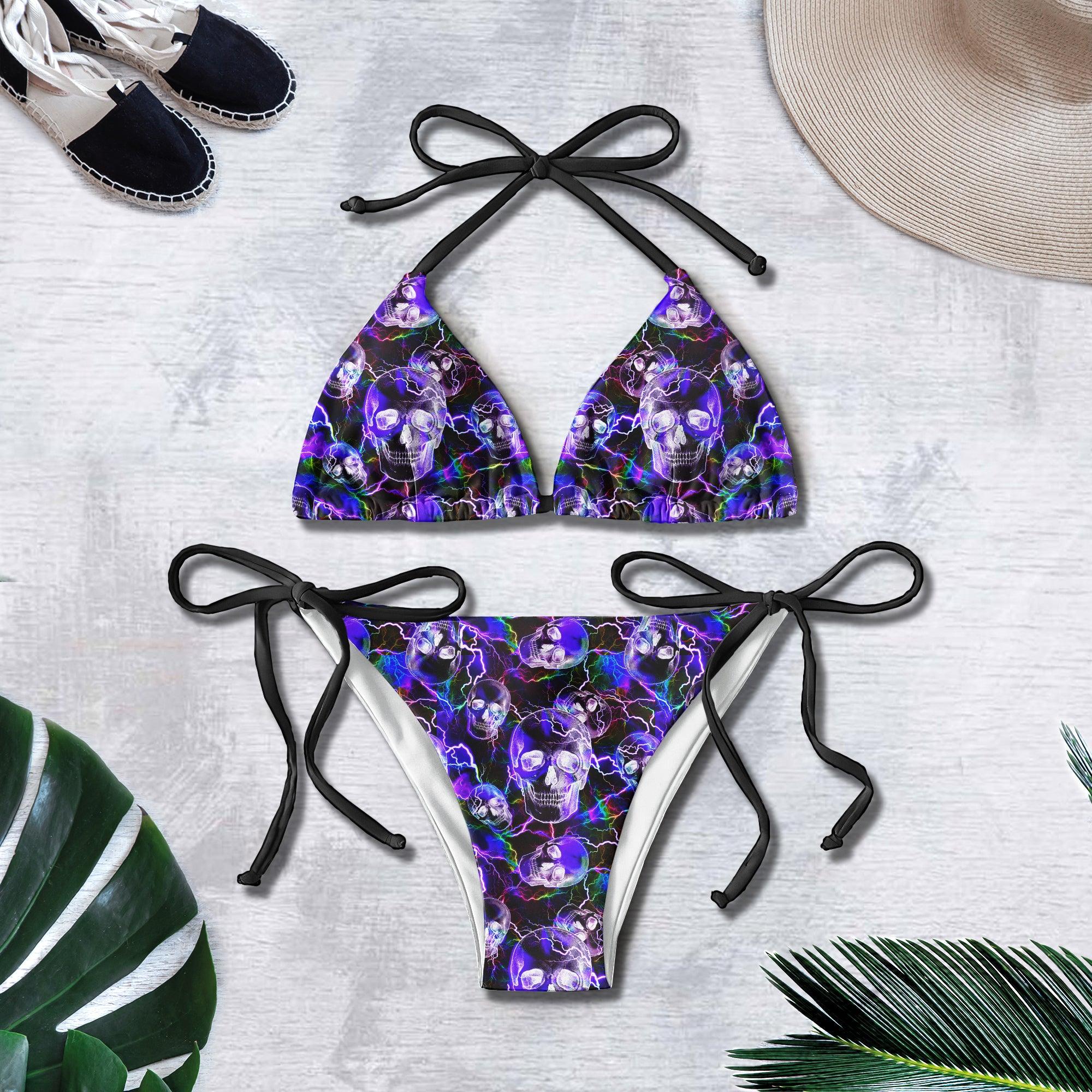 Violet Thunder Skull Pattern Micro Triangle Bikini Swimsuit - Wonder Skull