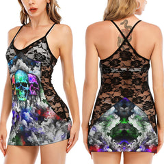 Cloudy Colorful Skull Black Lace Sleepwears Babydol Dresses - Wonder Skull